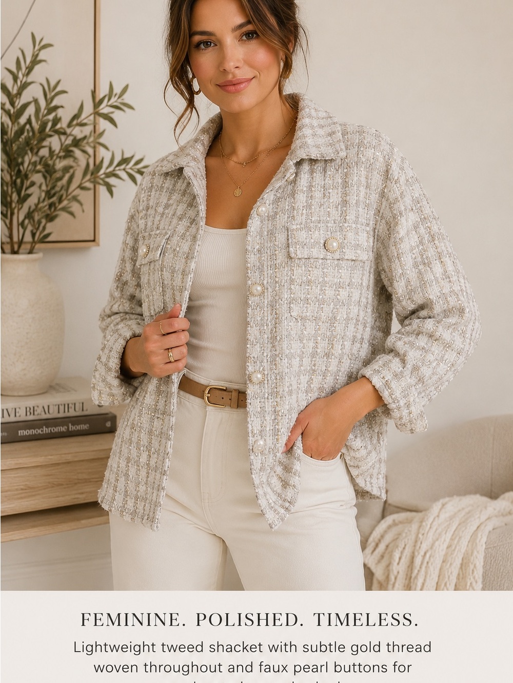 NWT Andrée by Unit Tweed Shacket | Faux Pearl Buttons | Gold Thread Detail